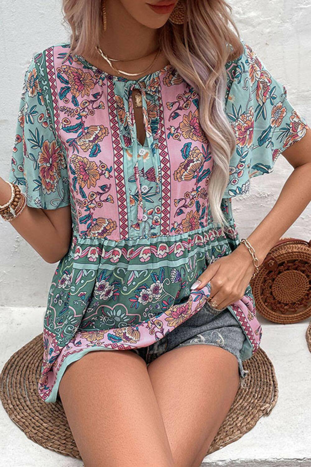 Bohemian Tie-Neck Flutter Sleeve Blouse.