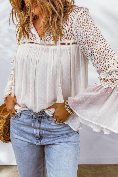 Eyelet Tassel Tie Flare Sleeve Blouse.