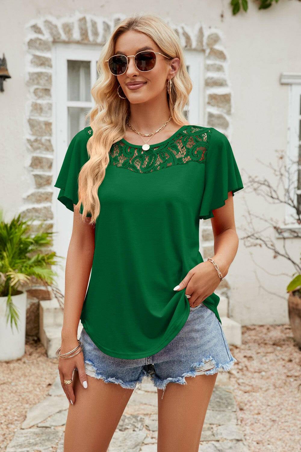 Spliced Lace Flutter Sleeve Top - Carri's Cache