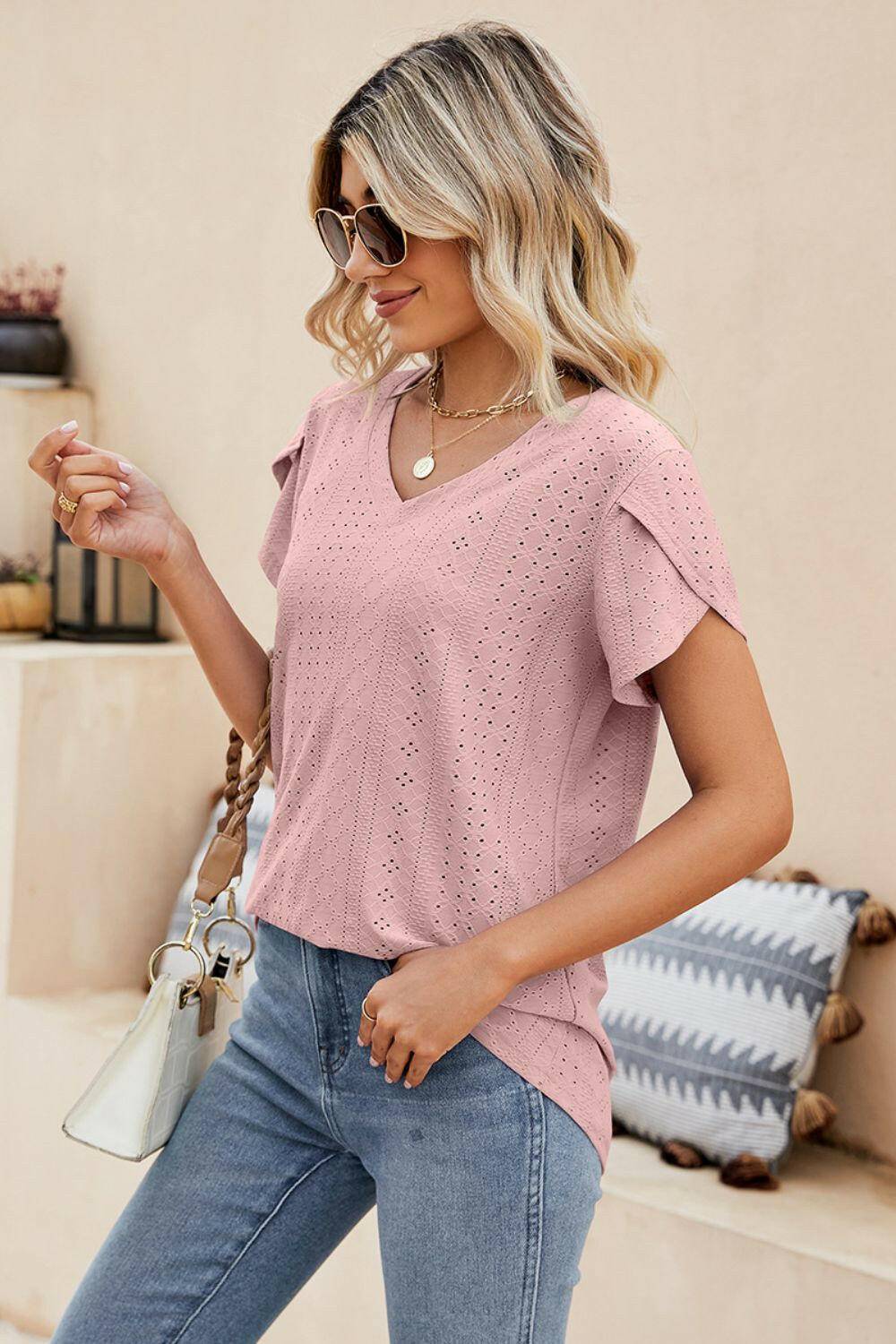 Eyelet Petal Sleeve V-Neck Knit Top.