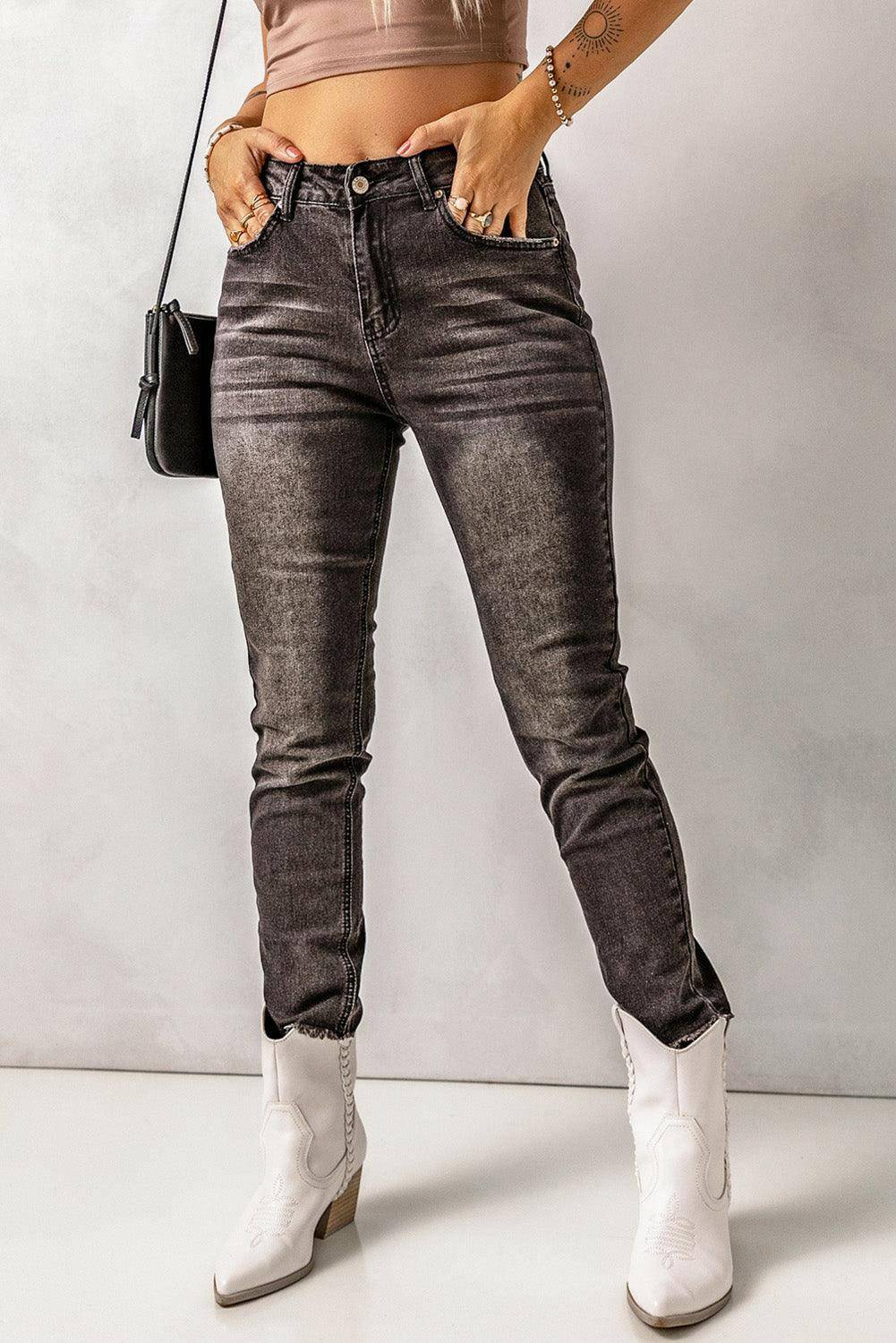 High Waist Raw Hem Skinny Jeans - Carri's Cache