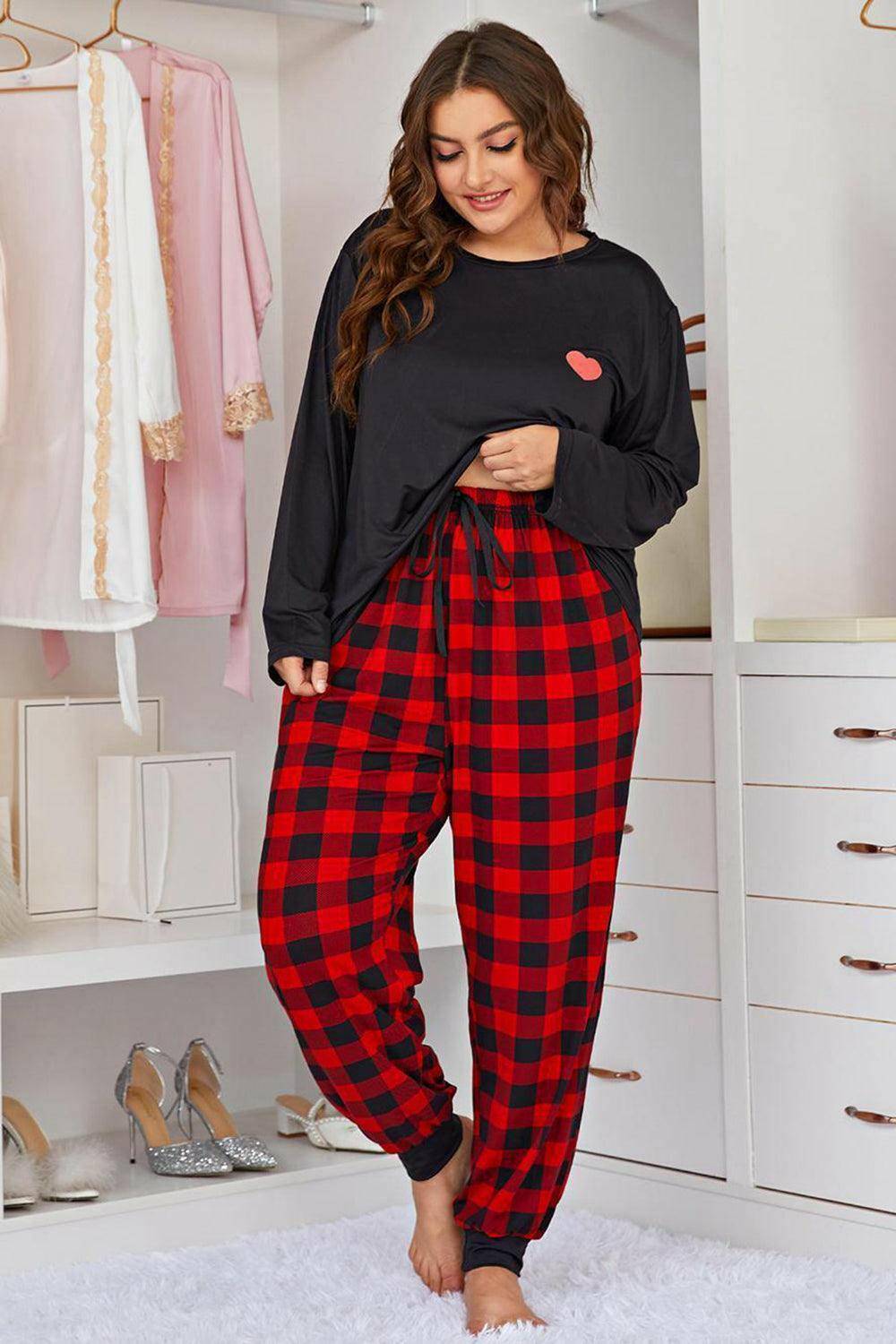 Plus Size Heart Graphic Top and Plaid Joggers Lounge Set - Carri's Cache