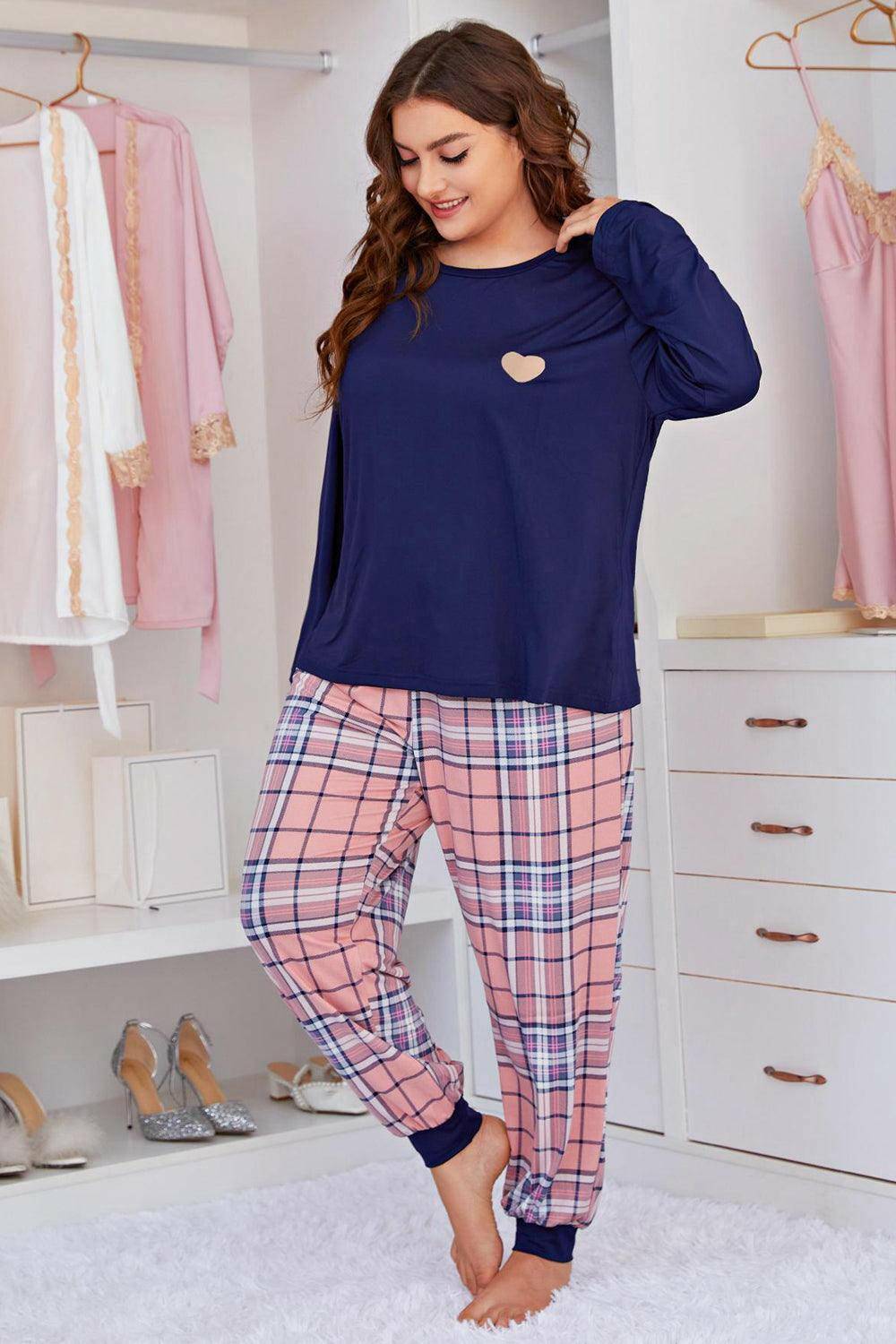 Plus Size Heart Graphic Top and Plaid Joggers Lounge Set - Carri's Cache