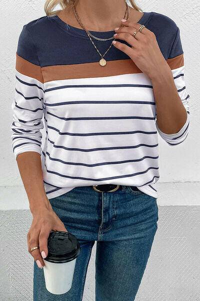 Striped Round Neck Long Sleeve T-Shirt - Carri's Cache