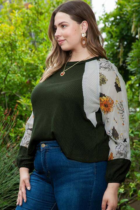 Plus Size Floral Waffle-Knit Round Neck Blouse - Carri's Cache