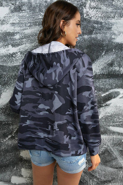 Camouflage Drawstring Detail Zip Up Hooded Jacket.