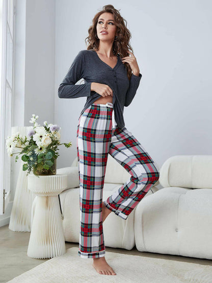 Buttoned Long Sleeve Top and Plaid Pants Lounge Set - Carri's Cache