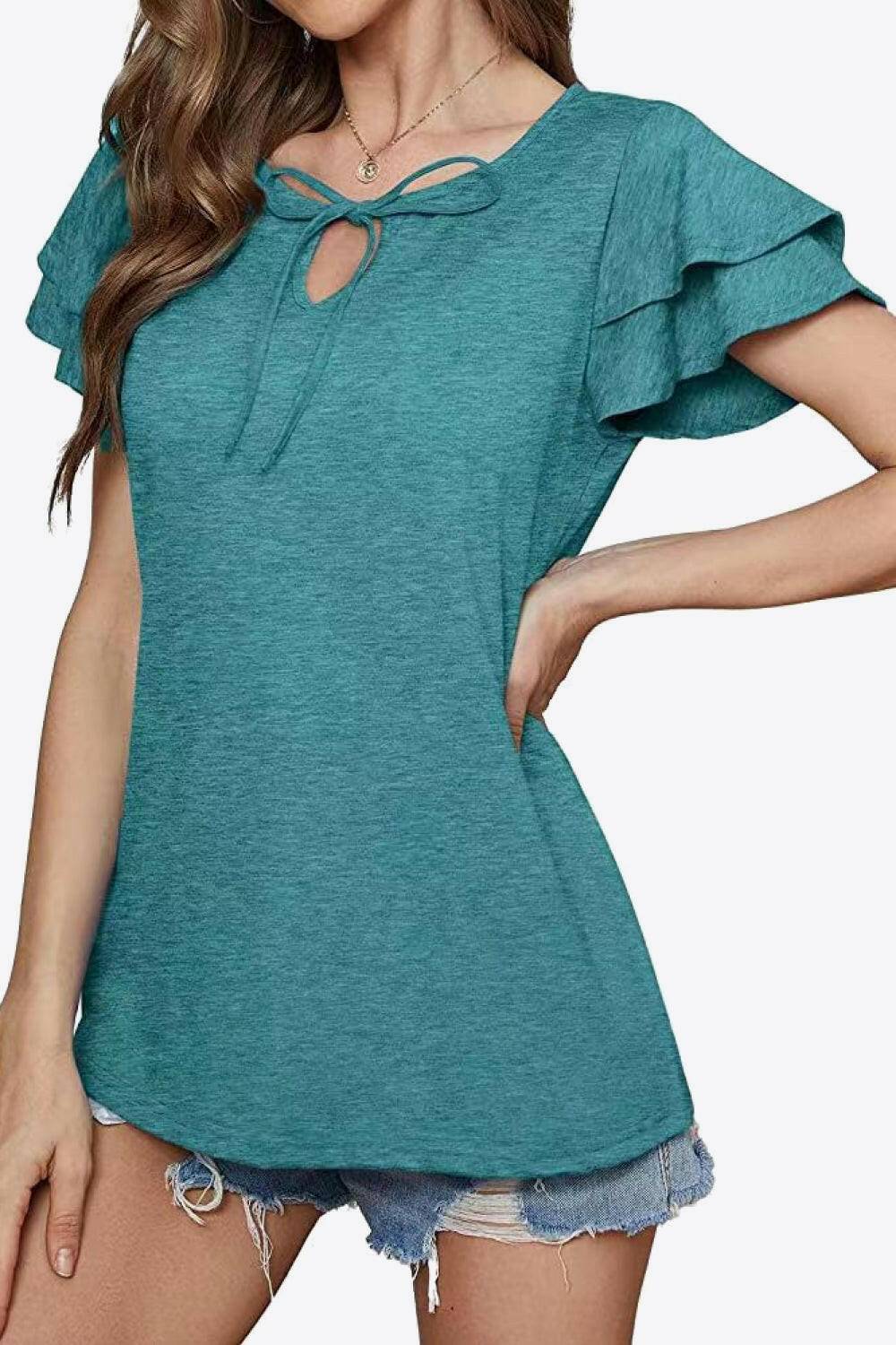 Tie-Neck Layered Flutter Sleeve Blouse.