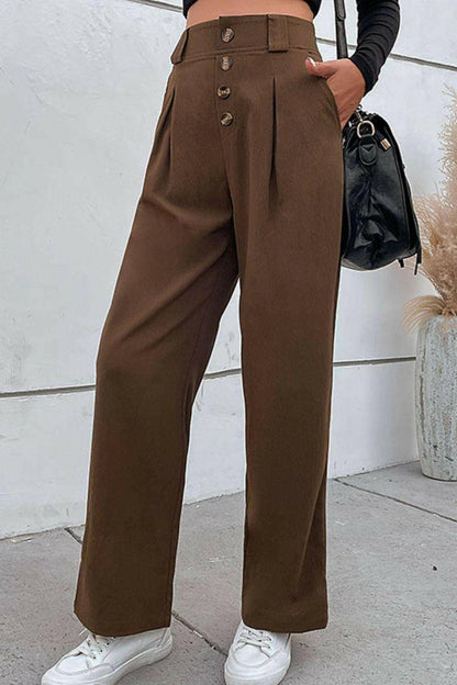 Button-Fly Pleated Waist Wide Leg Pants with Pockets - Carri's Cache