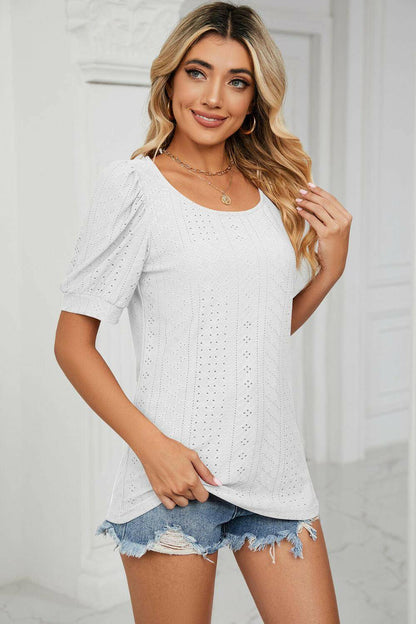 Eyelet Puff Sleeve Round Neck Top.