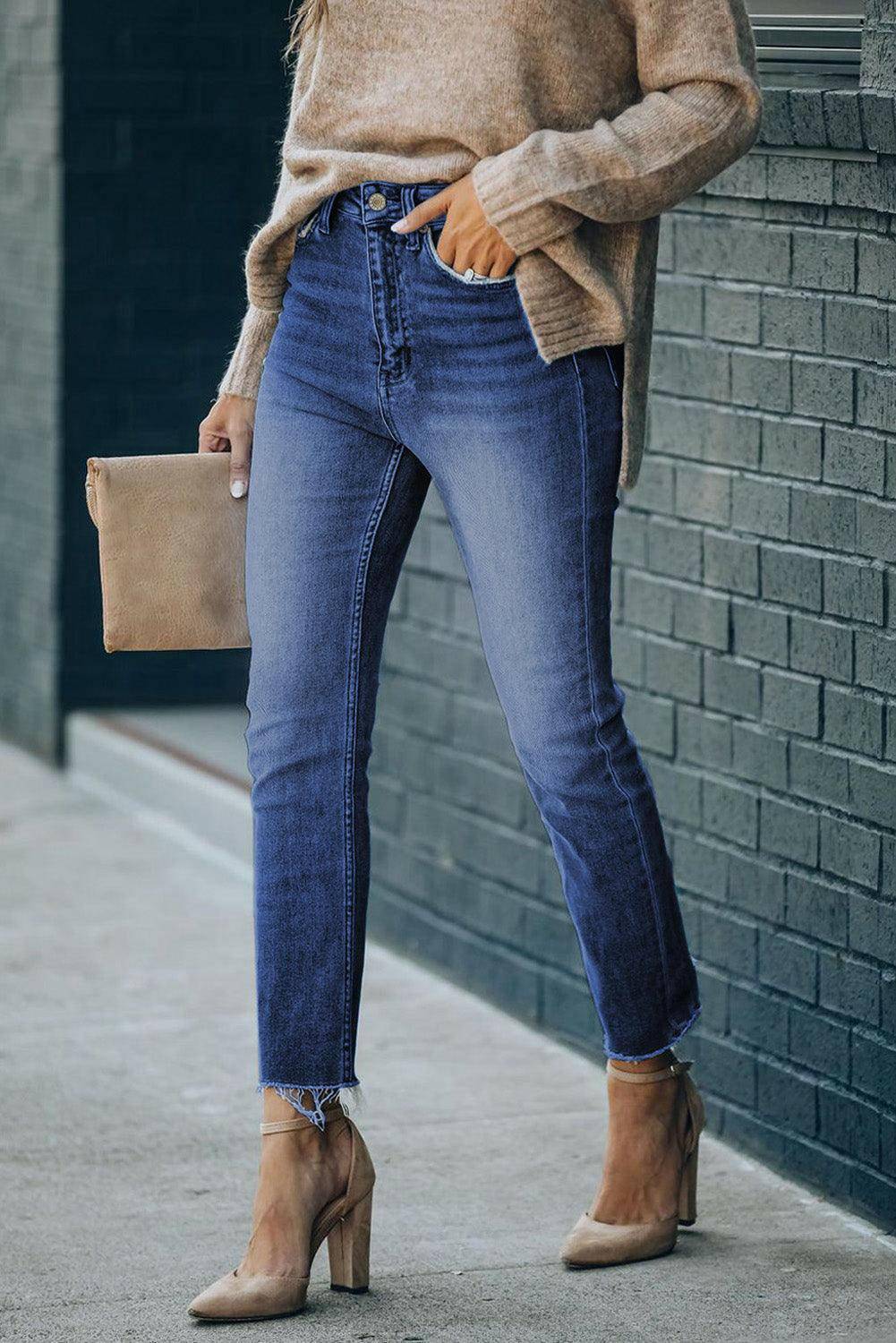 High Waist Raw Hem Skinny Jeans - Carri's Cache