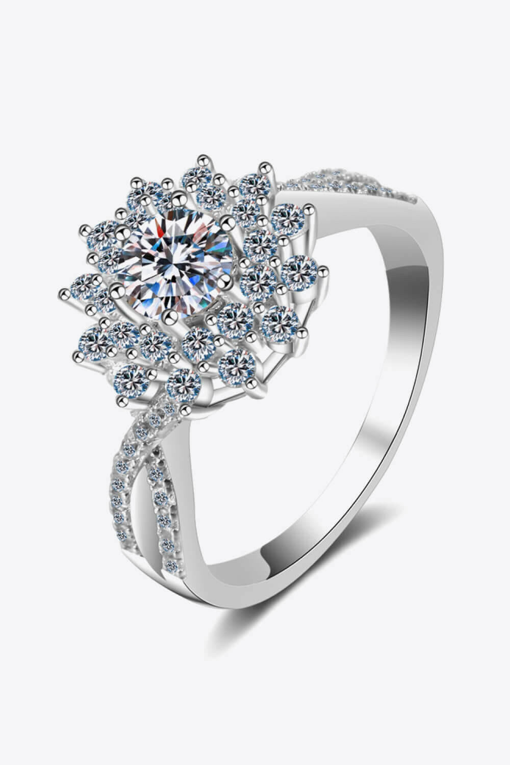 Moissanite Flower-Shape Split Shank Ring.