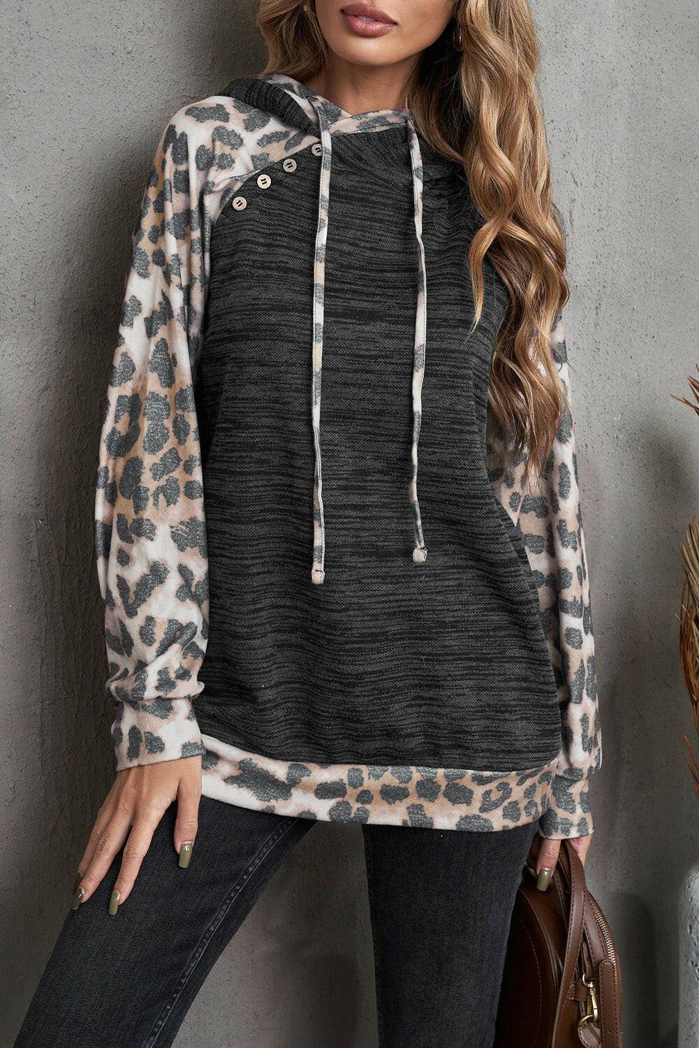 Leopard Color Block Raglan Sleeve Hoodie.