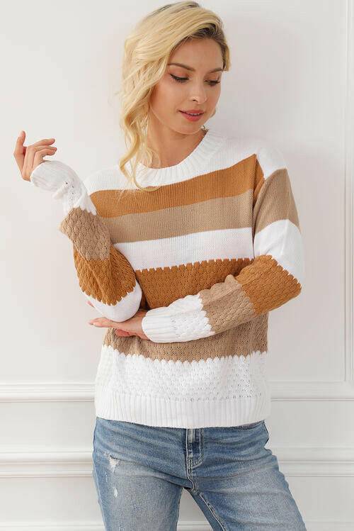 Striped Round Neck Long Sleeve Knit Top - Carri's Cache