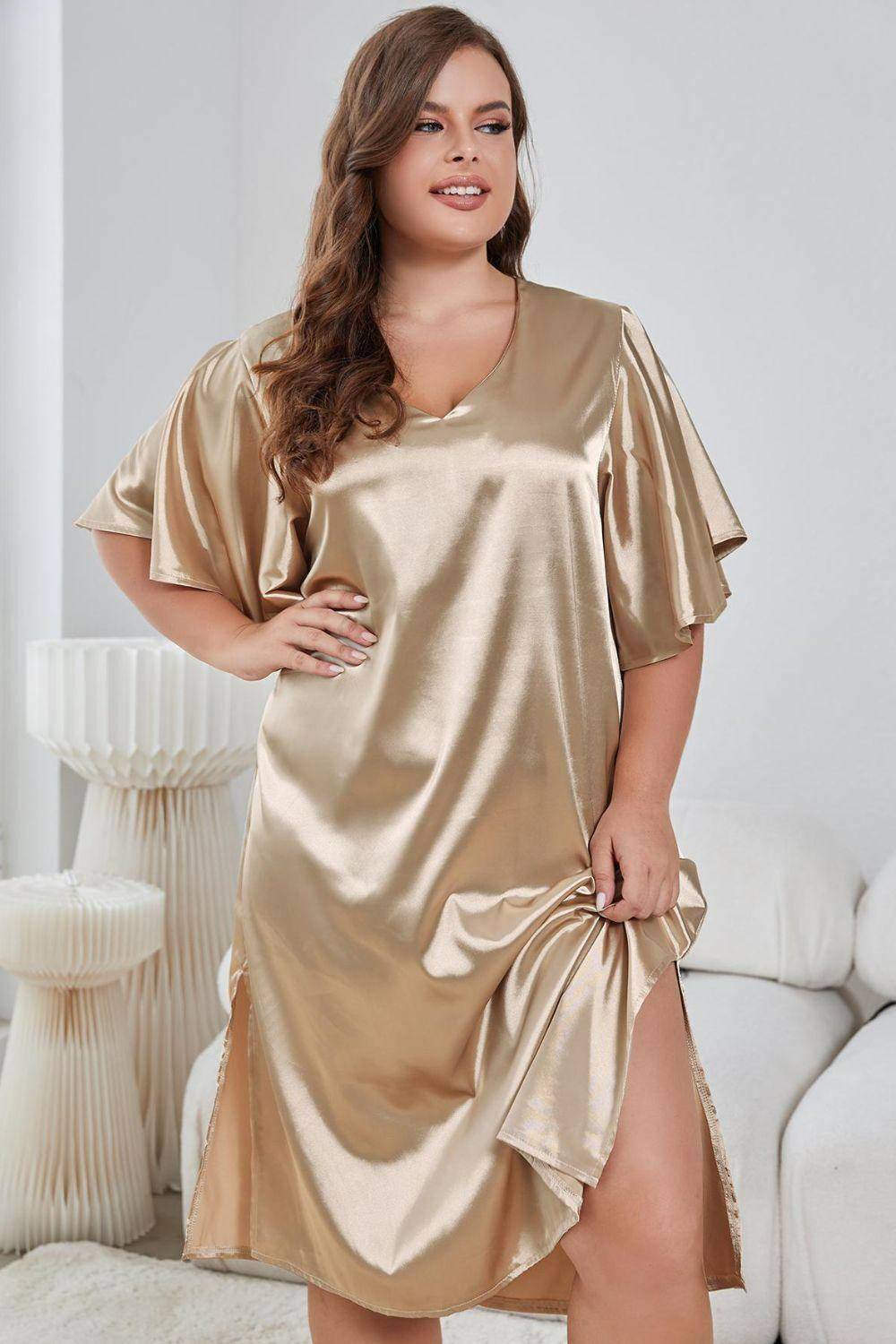 Plus Size Flutter Sleeve V-Neck Side Slit Night Gown - Carri's Cache