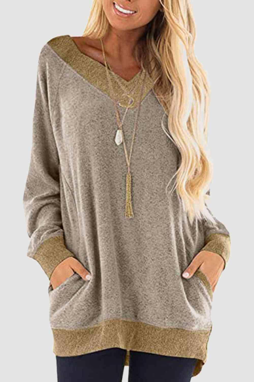 V-Neck Long Sleeve Sweatshirt with Pockets - Carri's Cache