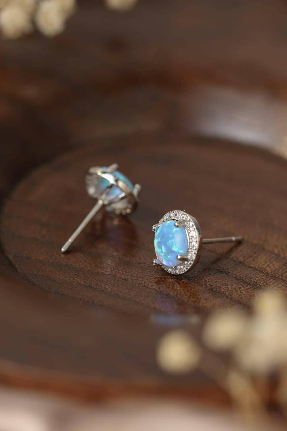 925 Sterling Silver Platinum-Plated Opal Round Stud Earrings.