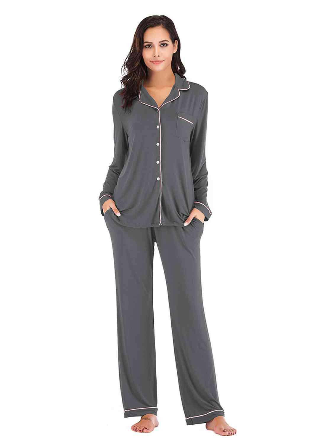 Collared Neck Long Sleeve Loungewear Set with Pockets - Carri's Cache