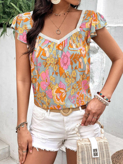 Floral Square Neck Flutter Sleeve Blouse - Carri's Cache