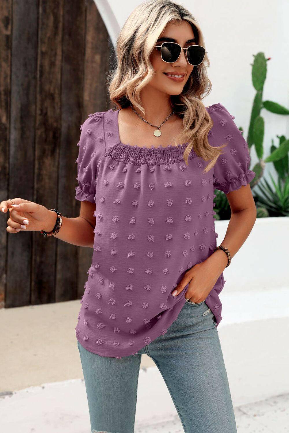 Swiss Dot Puff Sleeve Square Neck Blouse.