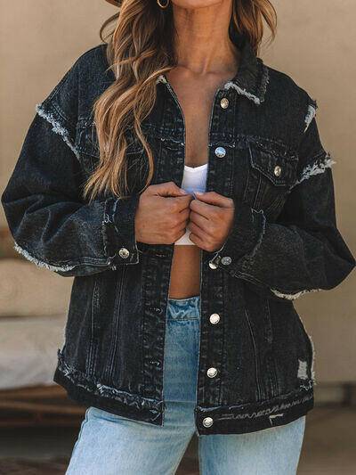 Button Up Raw Hem Distressed Denim Jacket - Carri's Cache