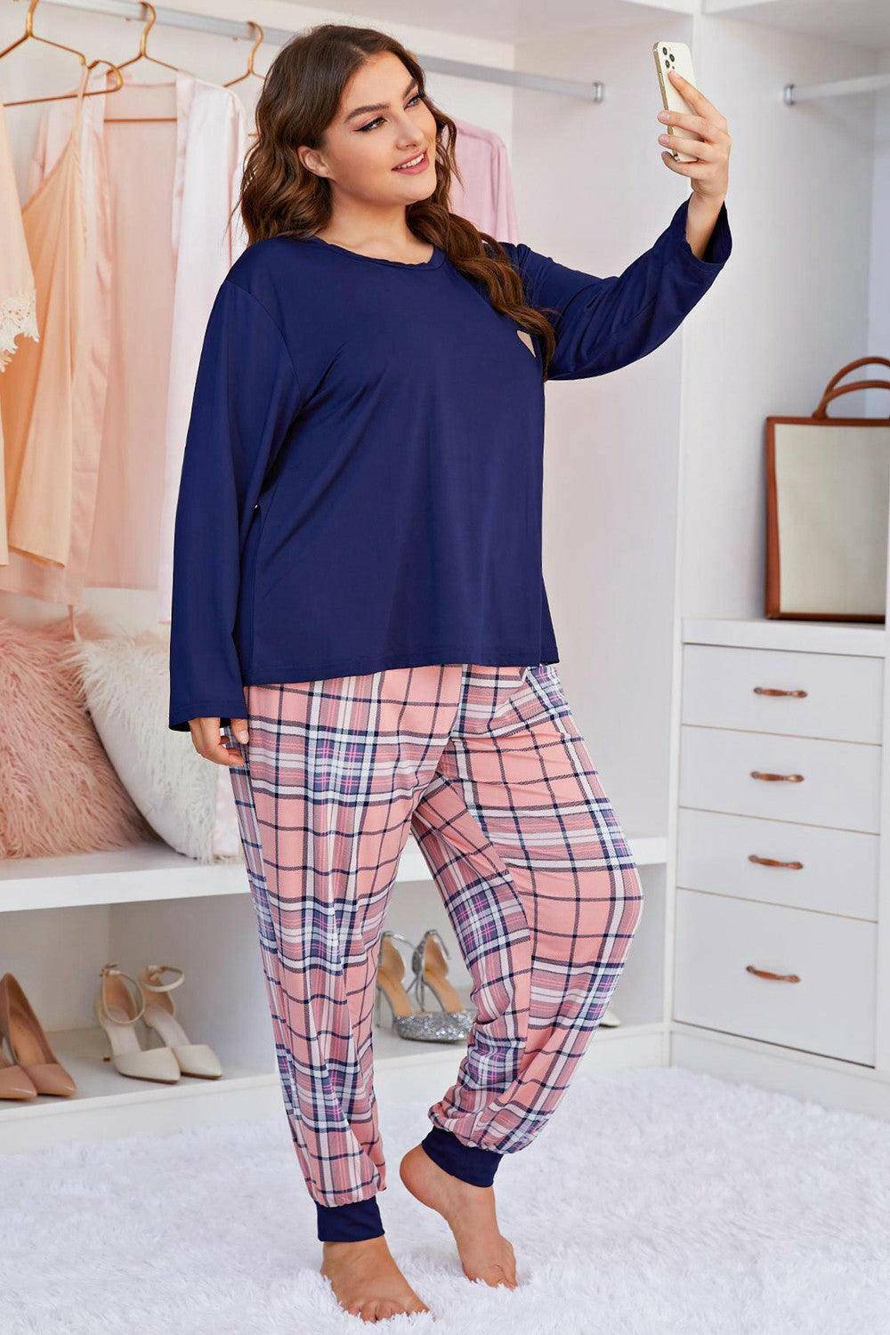 Plus Size Heart Graphic Top and Plaid Joggers Lounge Set - Carri's Cache