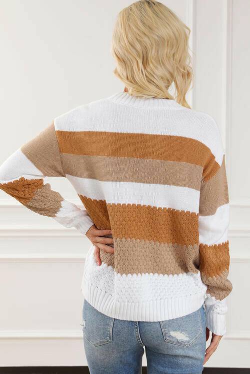 Striped Round Neck Long Sleeve Knit Top - Carri's Cache