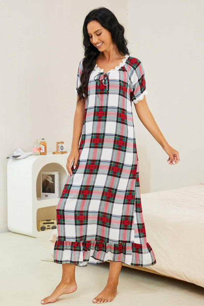 Plaid Lace Trim Ruffle Hem Night Dress.