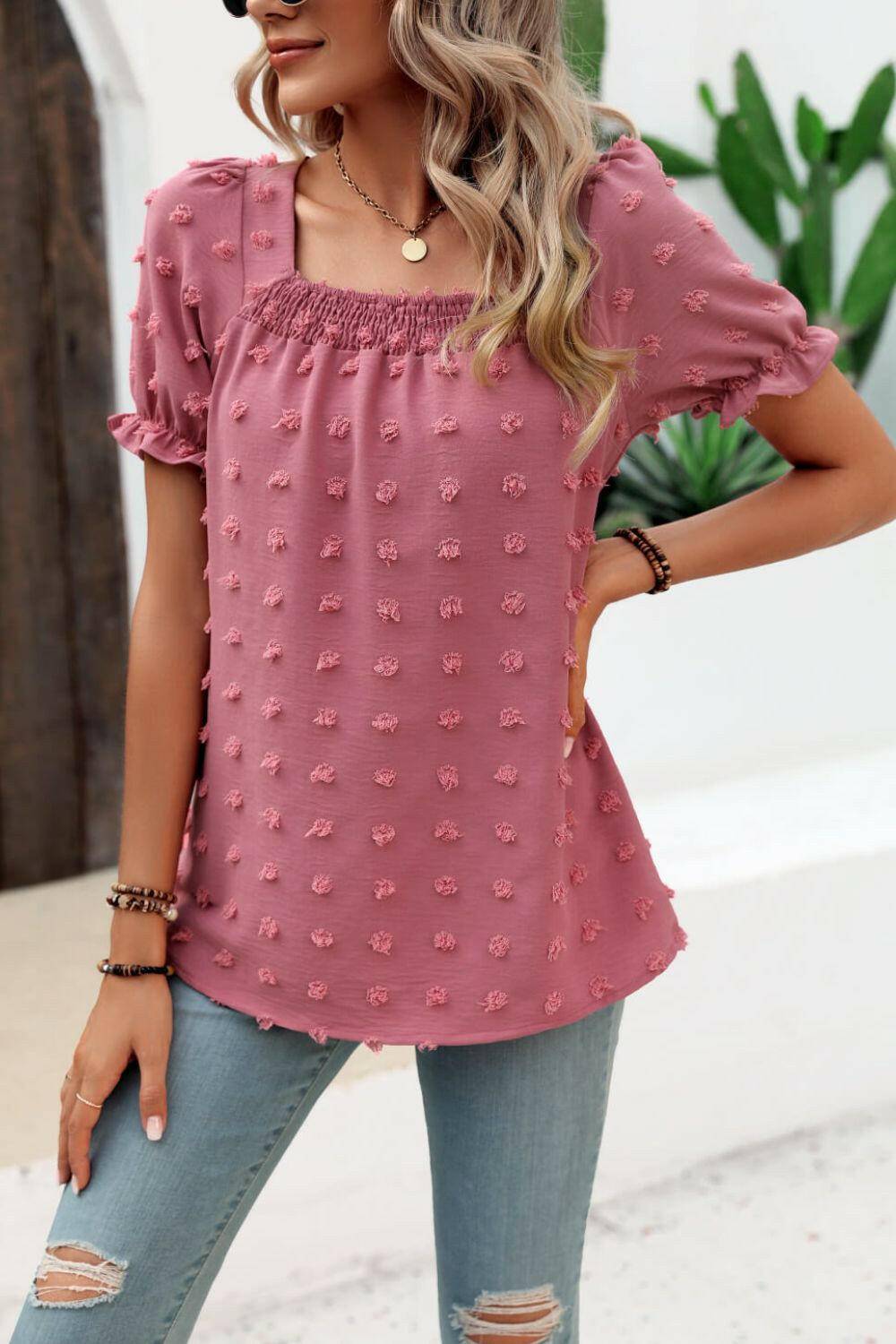 Swiss Dot Puff Sleeve Square Neck Blouse.