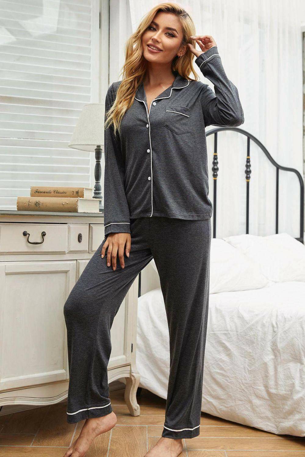 Contrast Piping Button Down Top and Pants Loungewear Set - Carri's Cache