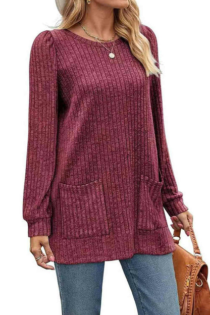 Ribbed Round Neck Long Sleeve T-Shirt - Carri's Cache