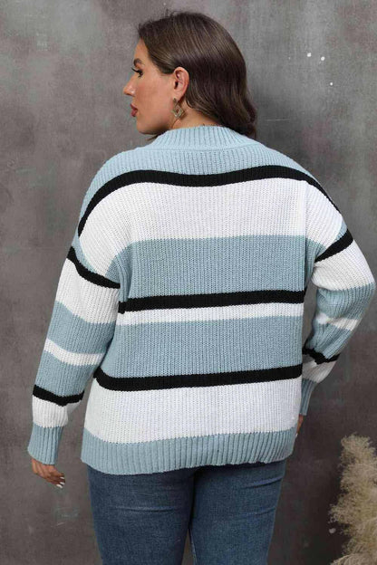 Plus Size Striped V-Neck Dropped Shoulder Sweater - Carri's Cache