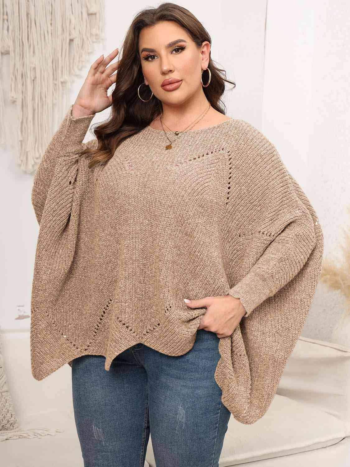 Plus Size Round Neck Batwing Sleeve Sweater - Carri's Cache