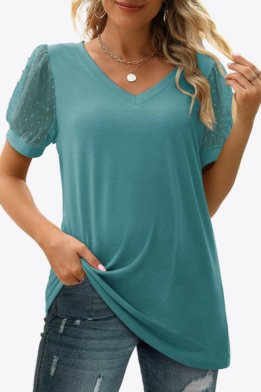 Swiss Dot Puff Sleeve V-Neck Tee - Carri's Cache