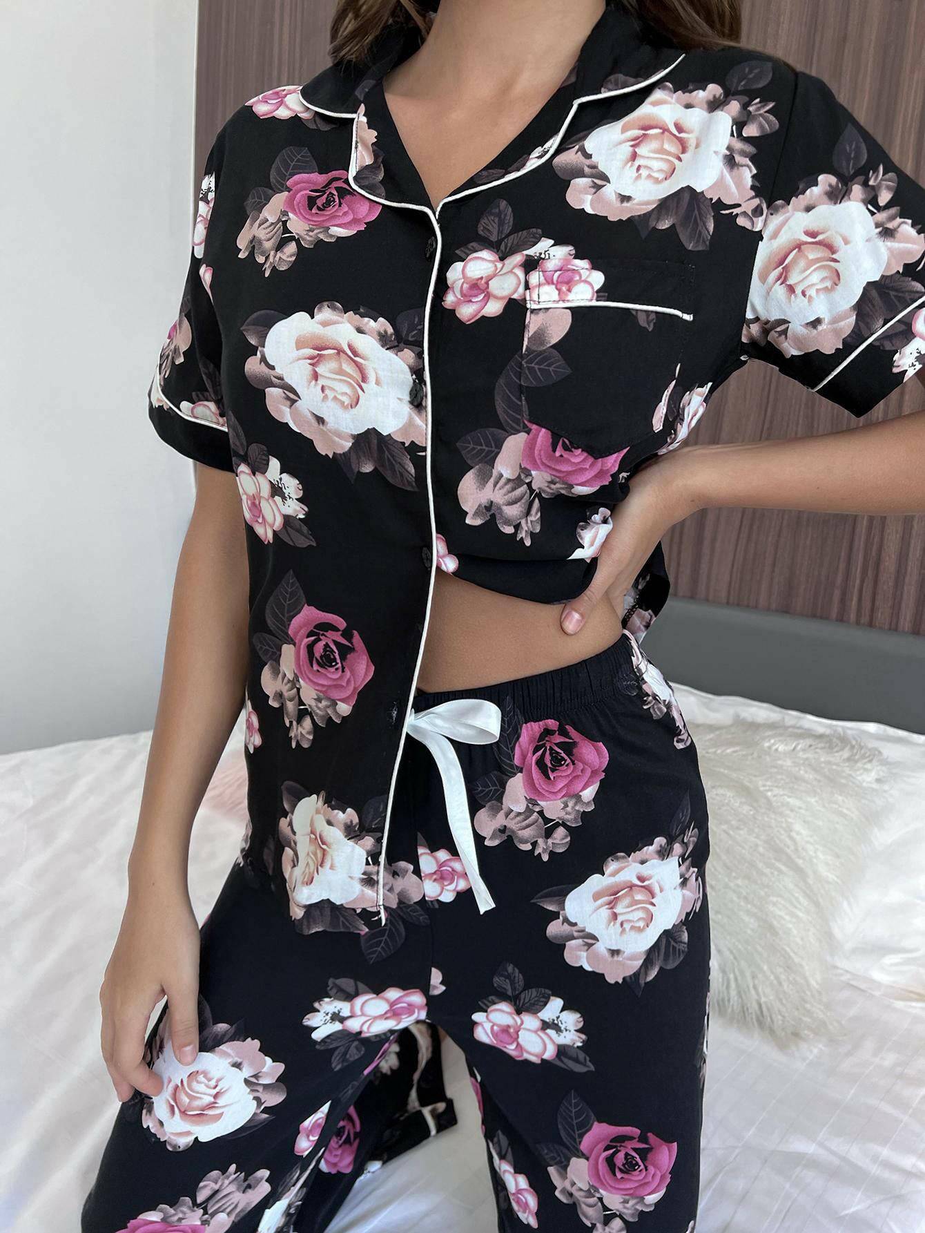 Floral Short Sleeve Shirt and Pants Lounge Set - Carri's Cache