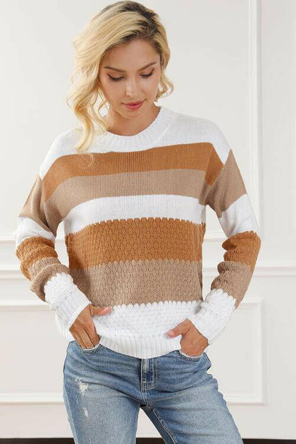 Striped Round Neck Long Sleeve Knit Top - Carri's Cache