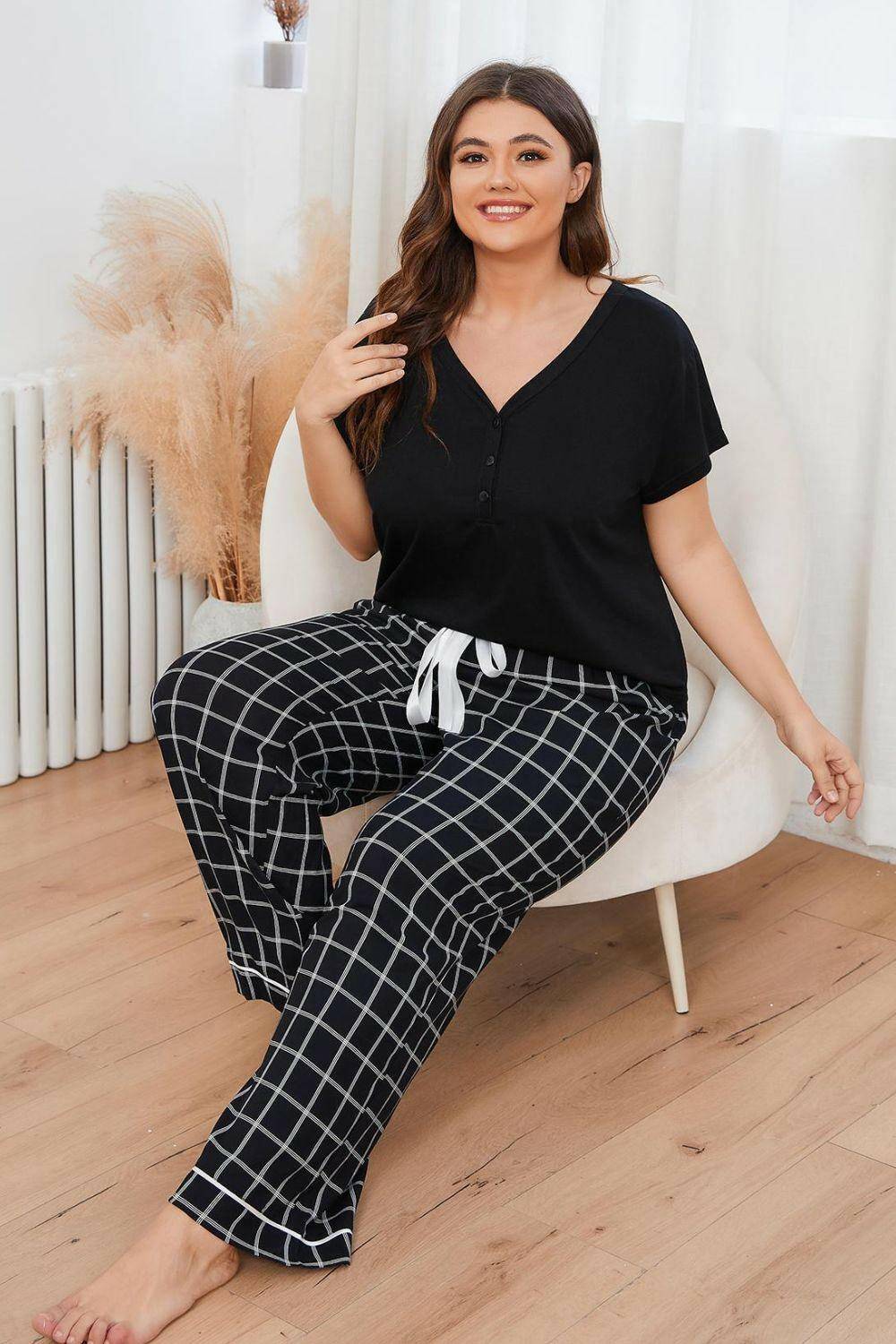 Plus Size V-Neck Top and Plaid Pants Lounge Set - Carri's Cache