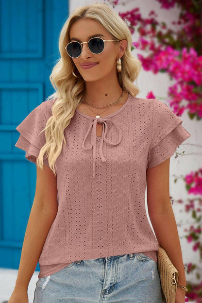 Eyelet Tie-Neck Flutter Sleeve Blouse.