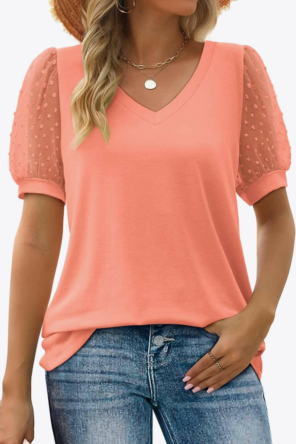 Swiss Dot Puff Sleeve V-Neck Tee - Carri's Cache