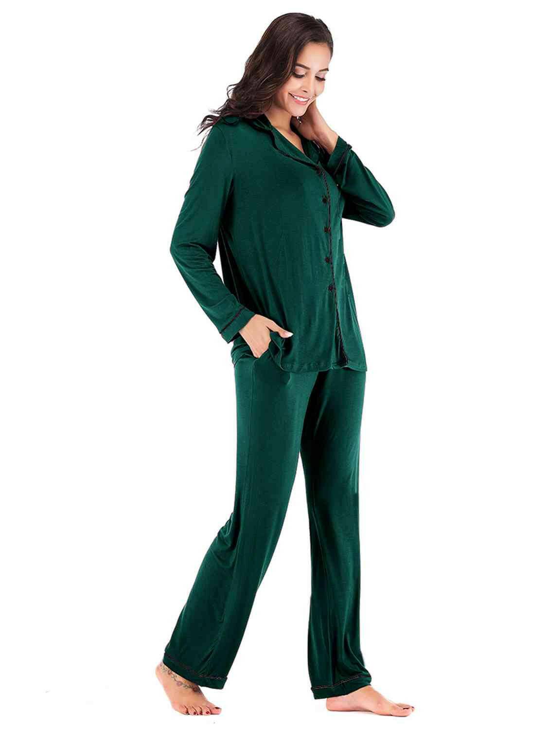 Collared Neck Long Sleeve Loungewear Set with Pockets - Carri's Cache