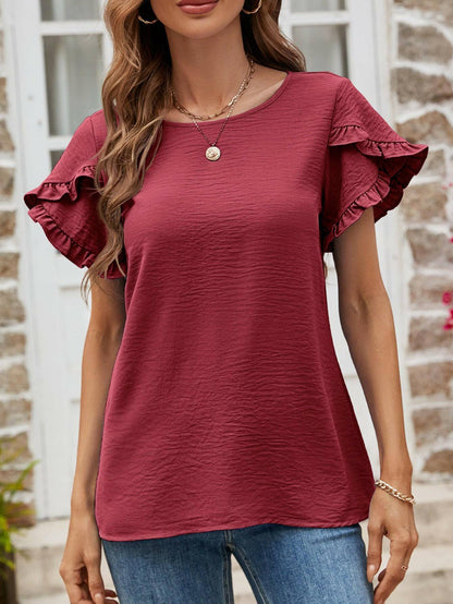 Textured Petal Sleeve Round Neck Tee.