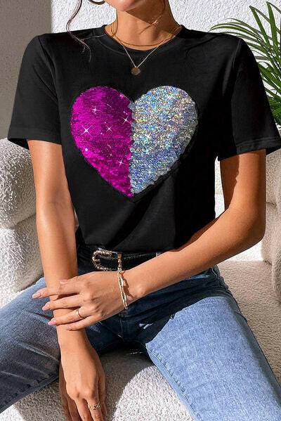 Heart Sequin Round Neck Short Sleeve T-Shirt - Carri's Cache