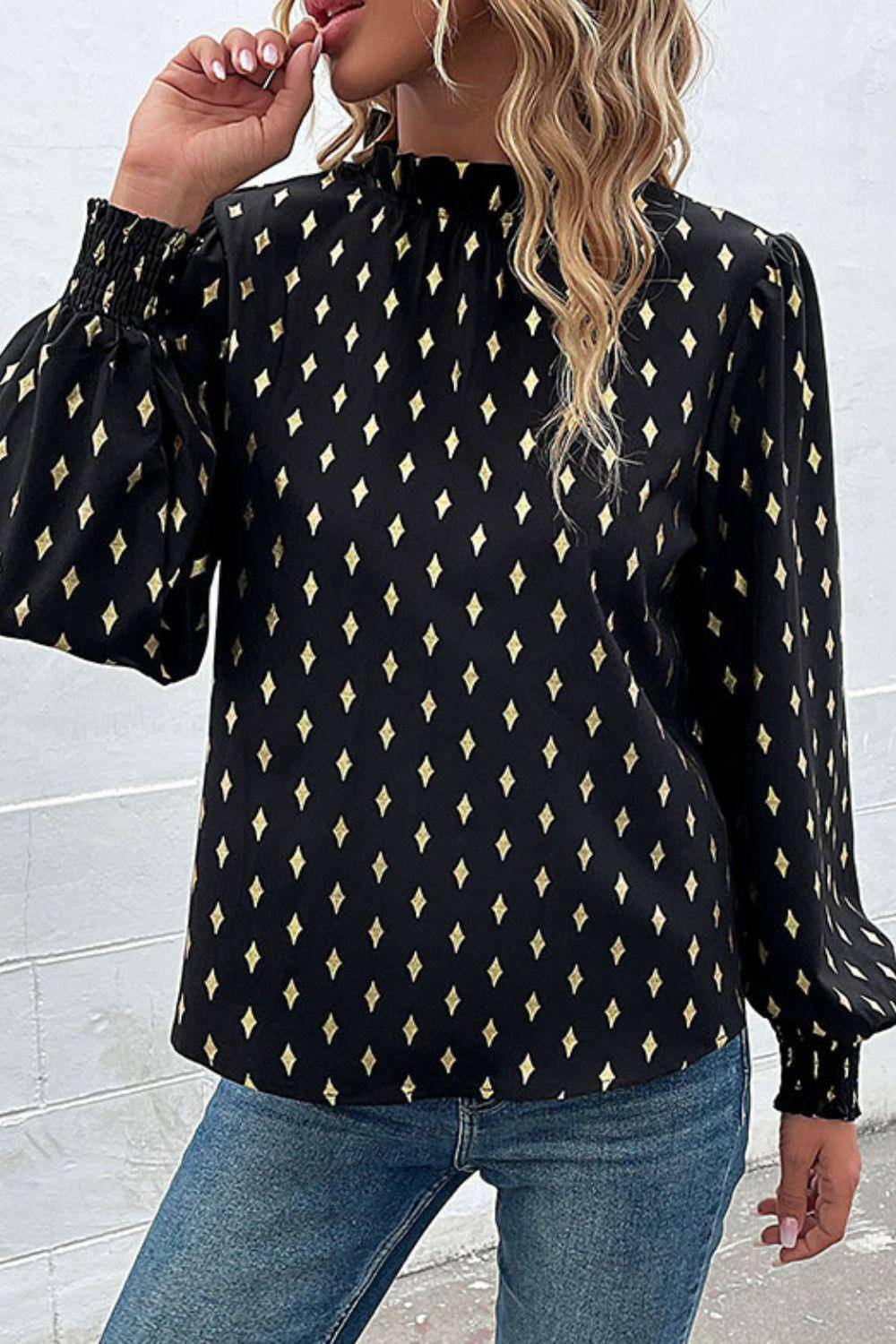 Geometric Print Frill Neck Lantern Sleeve Blouse - Carri's Cache