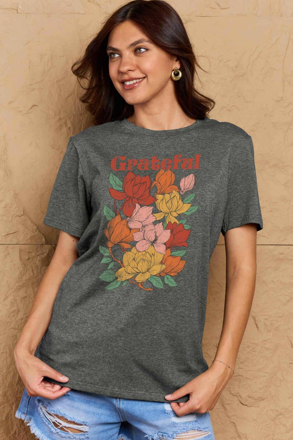 Simply Love Full Size GRATEFUL Flower Graphic Cotton T-Shirt - Carri's Cache