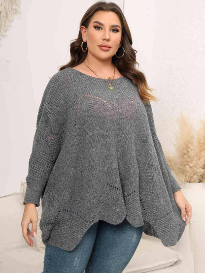 Plus Size Round Neck Batwing Sleeve Sweater - Carri's Cache