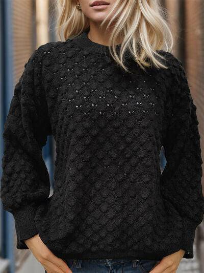 Openwork Round Neck Long Sleeve Sweater - Carri's Cache