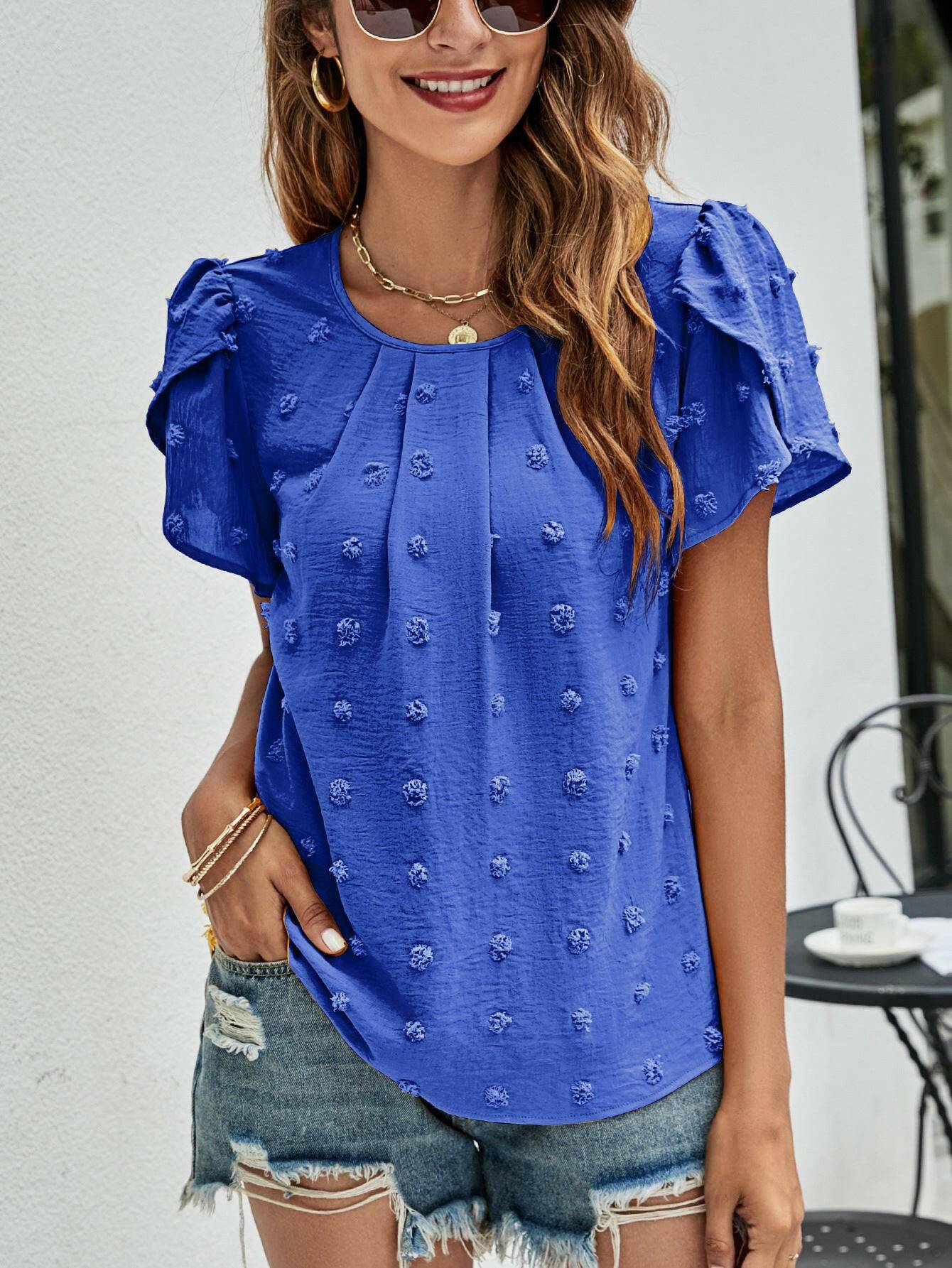 Swiss Dot Round Neck Petal Sleeve Top.