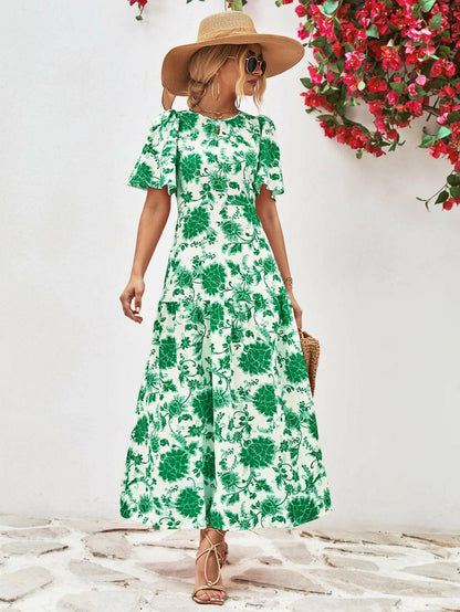 Floral Round Neck Tied Open Back Dress - Carri's Cache