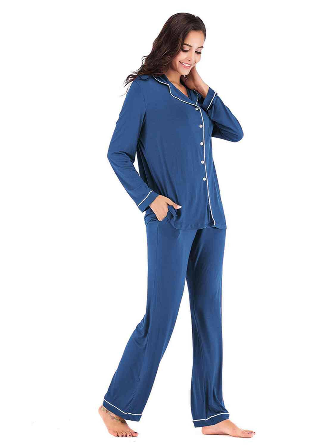 Collared Neck Long Sleeve Loungewear Set with Pockets - Carri's Cache