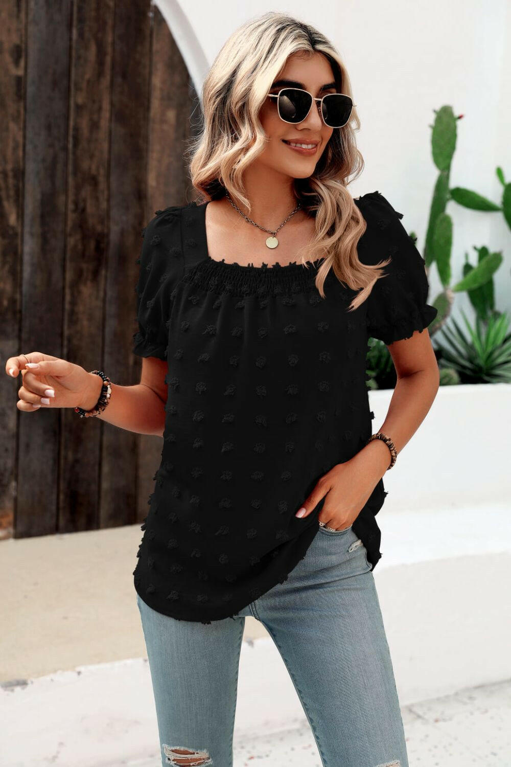 Swiss Dot Puff Sleeve Square Neck Blouse.